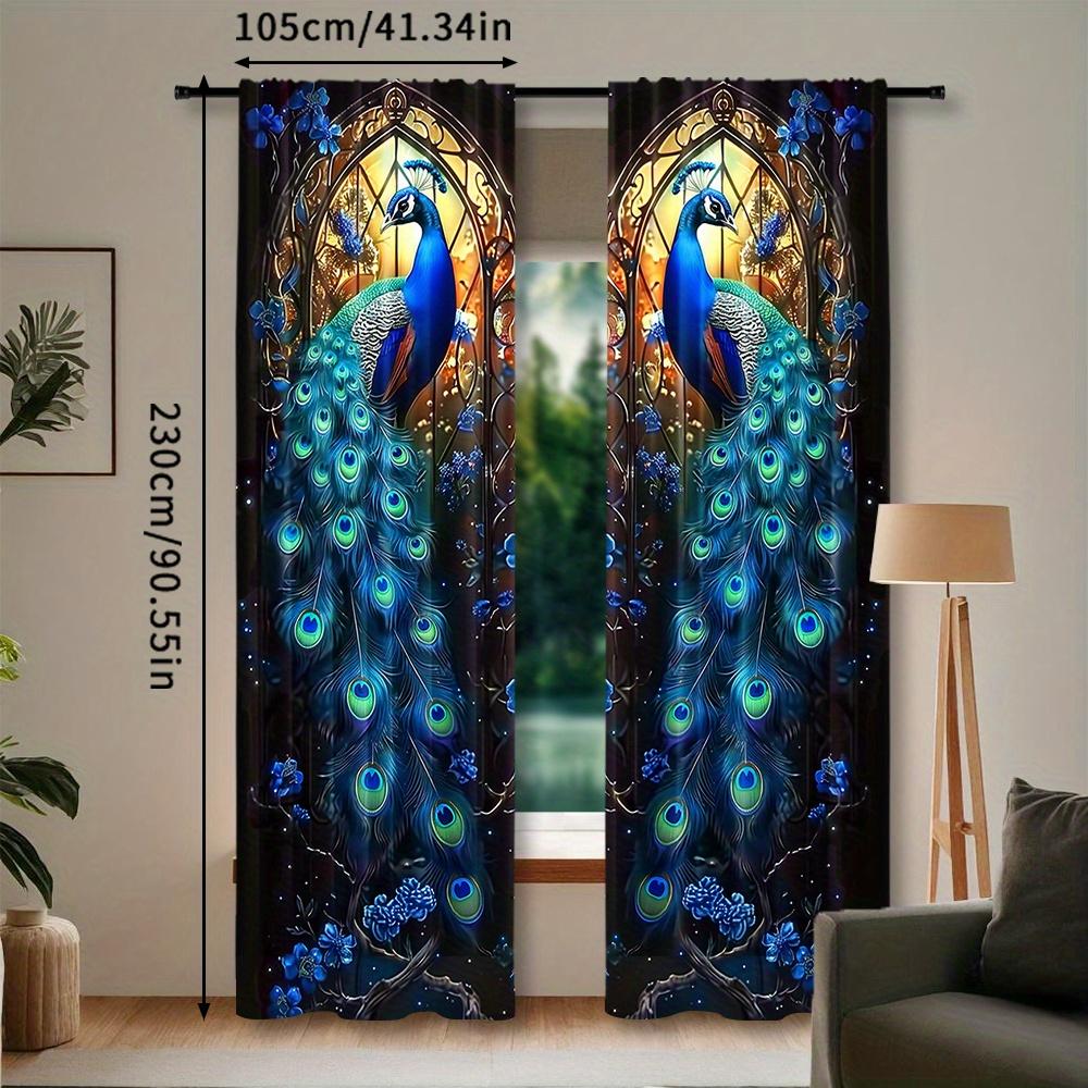 2 Pcs Blue Peacock Decorative Curtains: Digital Printed   Polyester Material   Suitable for Living Room   Bedroom   Study   Dining