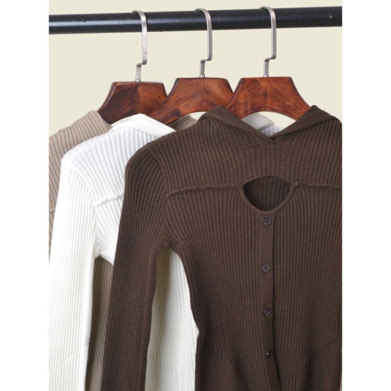 American Sexy Short Tops Solid Color High-Elastic Silm Cut Out Long Sleeves Hooded Knitting Bottoming Shirt