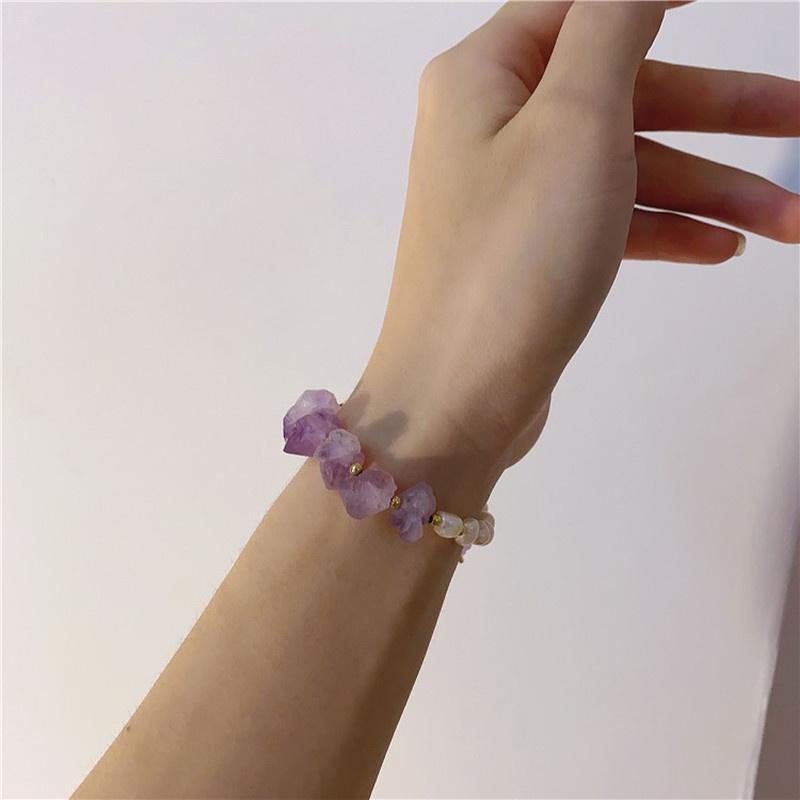 Women Girls Freshwater Pearls Bracelet Irregular Natural Stone Amethysts Purple Crystal Oval Shape Pearl Golden Bangle Jewelry