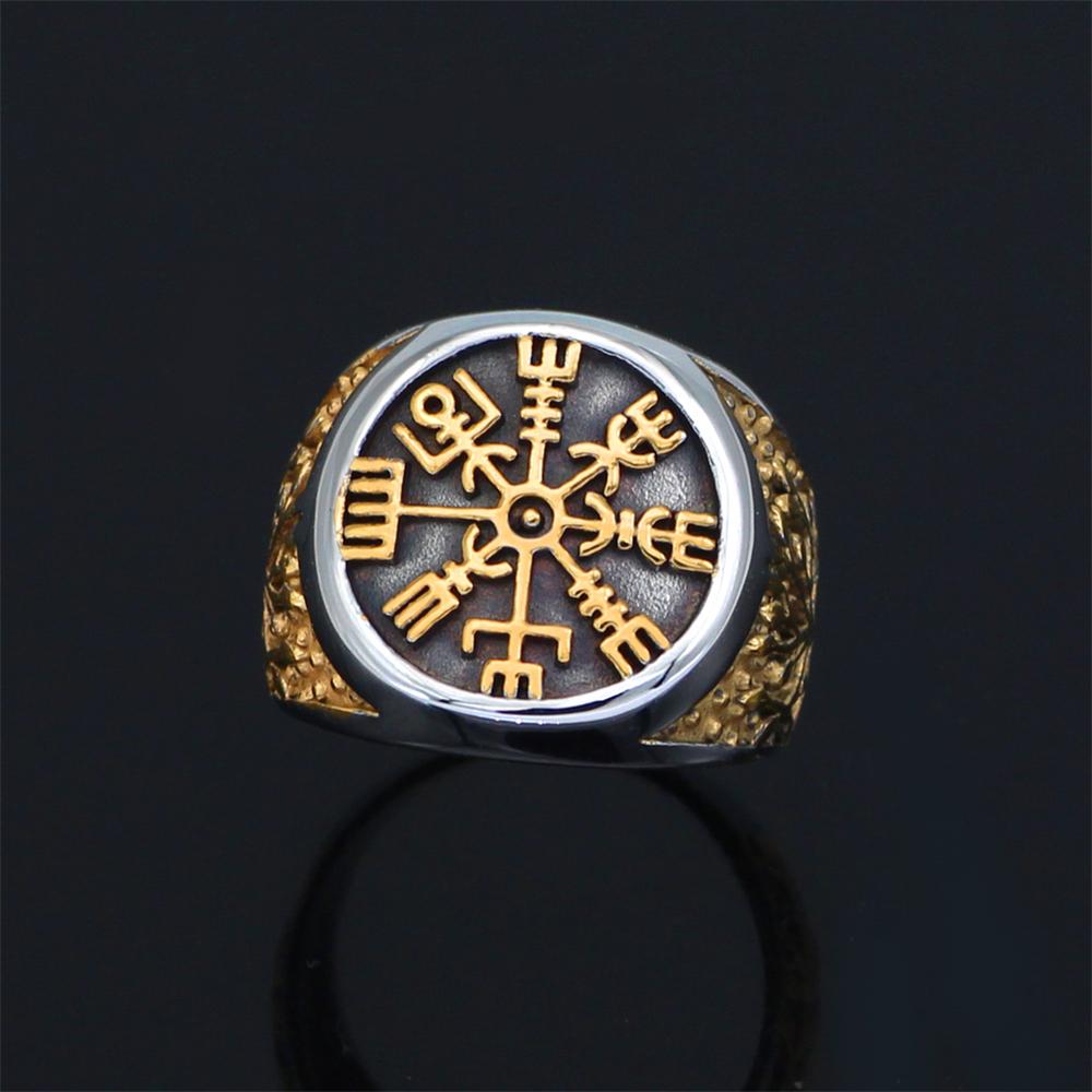 Never Fade Gold Color Viking Trident Rune Rings Men Stainless Steel Norse Mythology Valknut Amulet Finger Ring Male Jewelry Gift