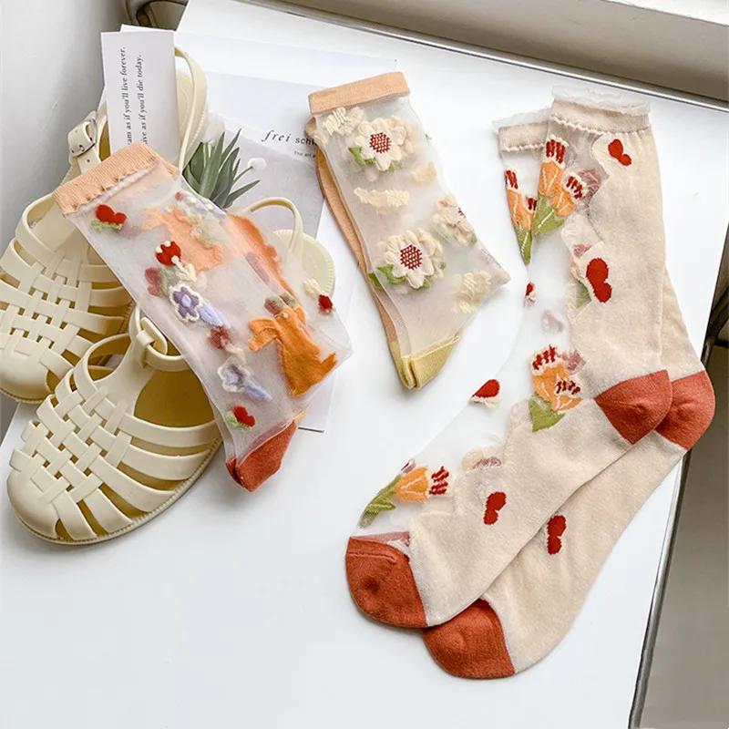 Lace Socks Women Summer Ultra-thin Transparent Crystal Silk Socks Floral Embroidery Japanese Kawaii Cartoon Cute Glass Silk Sock