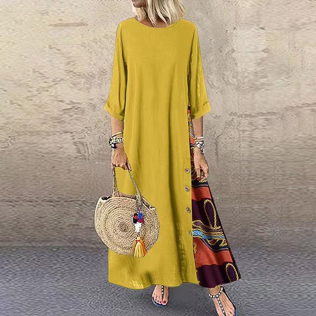 Retro Floral Cotton Linen Dress with Color Block, Round Neck, Button Patchwork, and Three-Quarter Sleeves for Spring and Autumn.