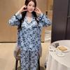 Stylish Spring Ice Silk Lace Print Pajama Set – Thin Long Sleeve Homewear for Women, Wear Indoors or Outdoors