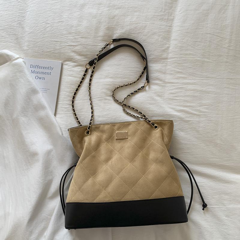 Lingge Chain Bag Vintage Bucket Bag Women's Stitching Shoulder Bag Commuter Crossbody Bag