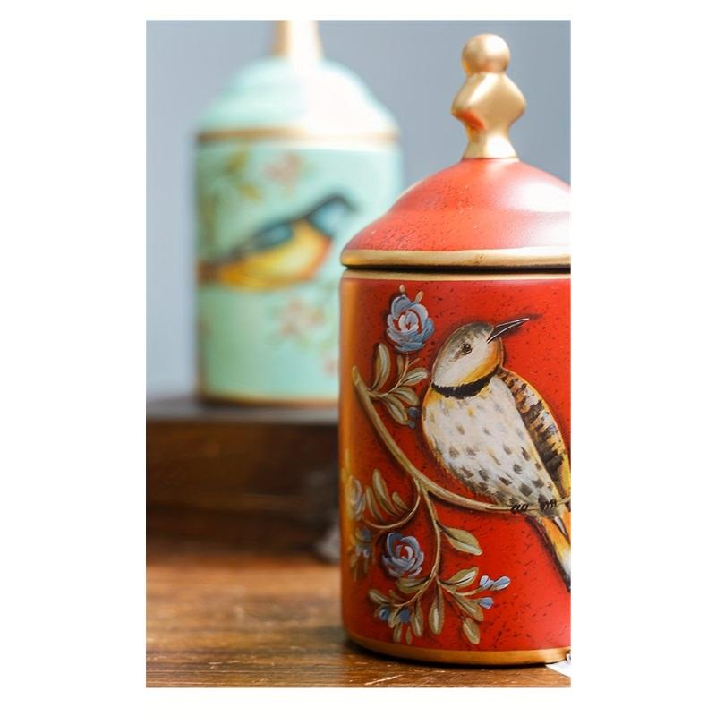1pc Decorative Ceramic Storage Jar with Lid, Bird Design, Food-Safe Porcelain Tea/Coffee Canister