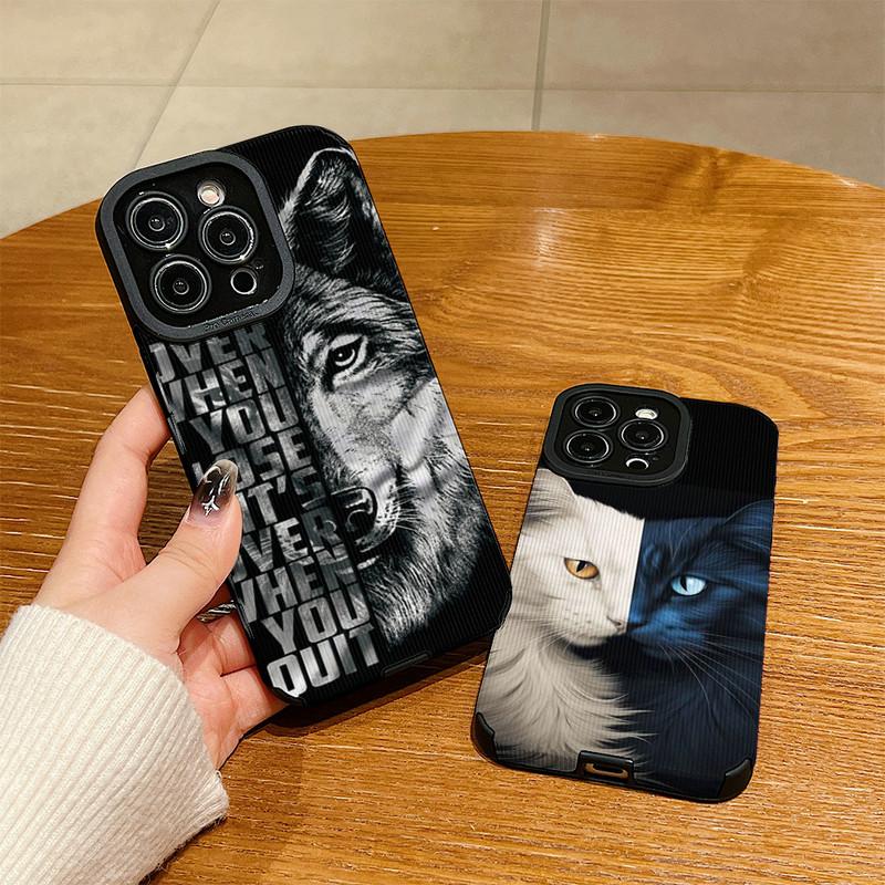 Handyhülle aus Leder mit vertikaler Maserung, Wolfskatze-Druck, weiches Silikon, Rückseite, mit vollem Kameraschutz für Samsung