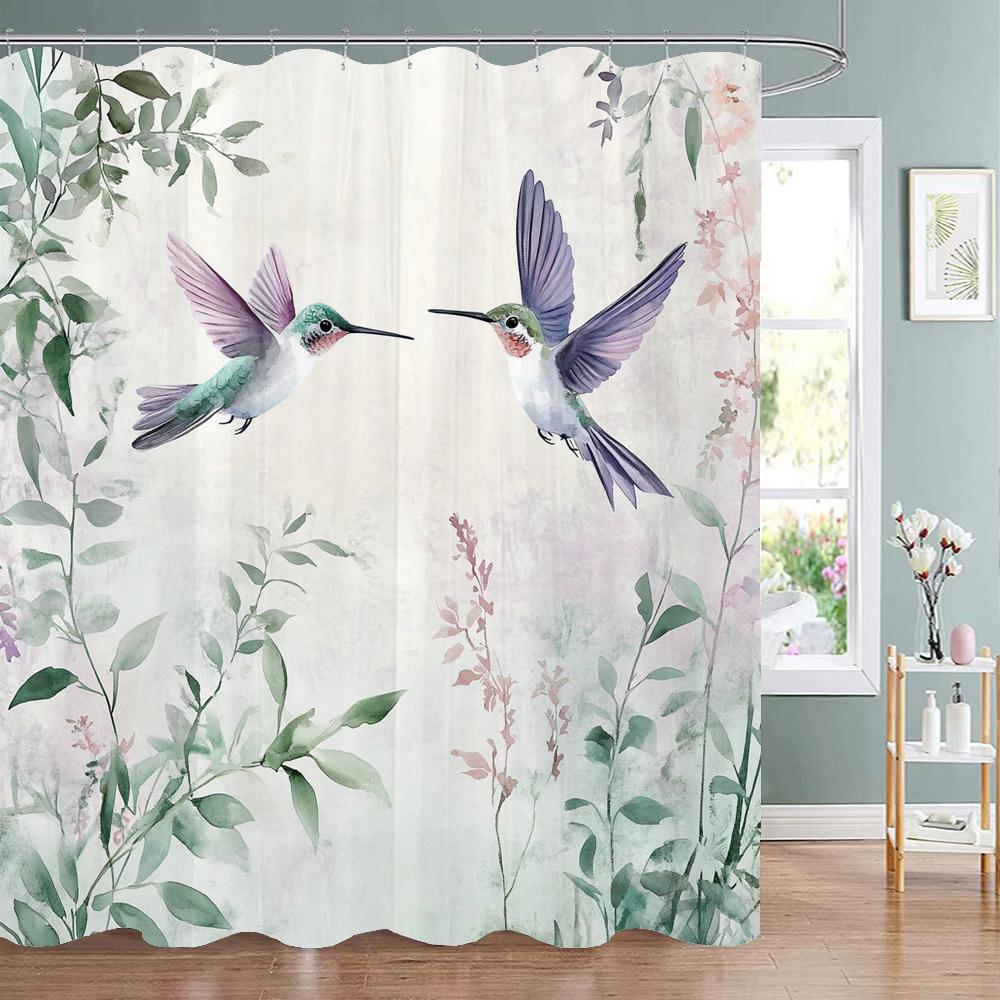 Spring Flowers and Plants Birds Shower Curtain, Bathroom Decorative Shower Curtain, Waterproof Shower Curtain with Hooks