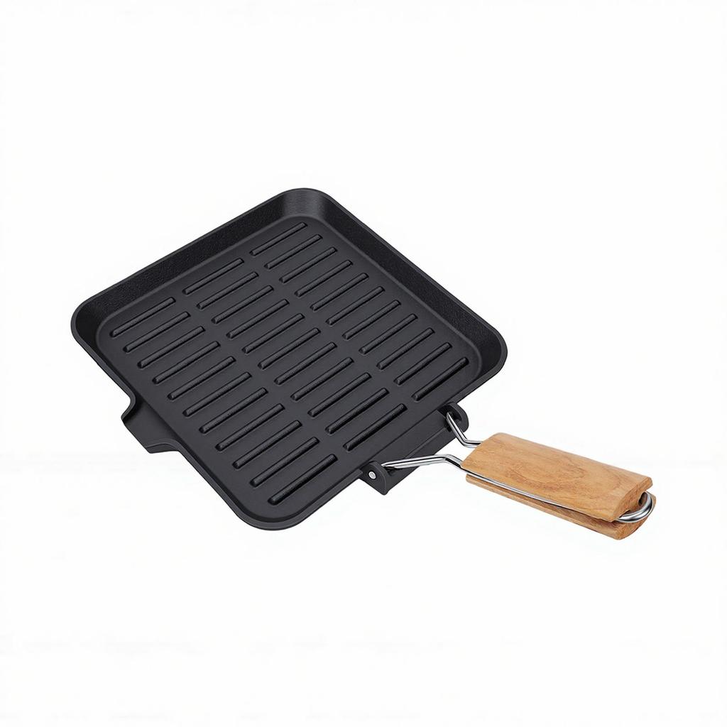 Grill Pan with Groove Foldable Handle Square Safe Enamel Coating Cast Iron Grill Pan for Steak Vegetables