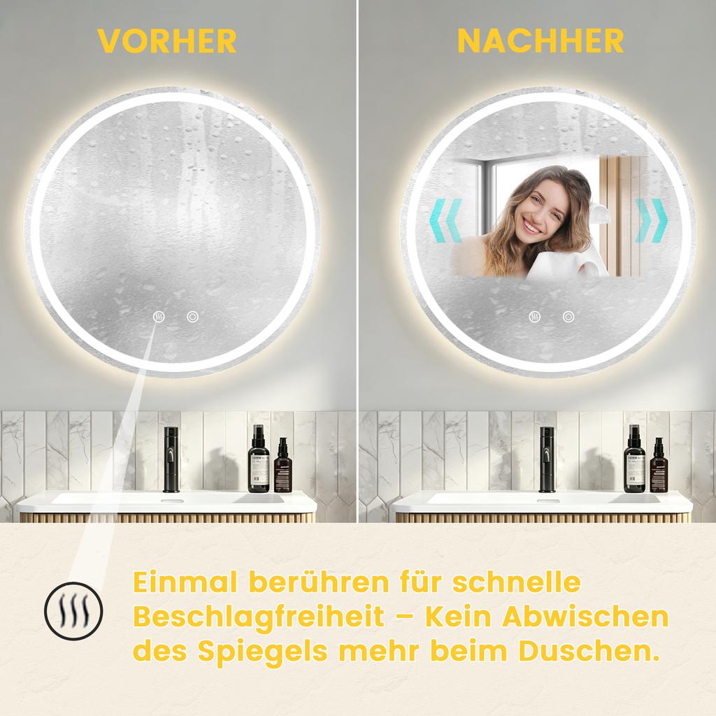 60×60cm Round Bathroom Mirror with Lighting, Wall-Mounted Cosmetic Mirror, Fog-Free, 3 Adjustable Color Temperatures & Dimmable Light, Smart Mirror