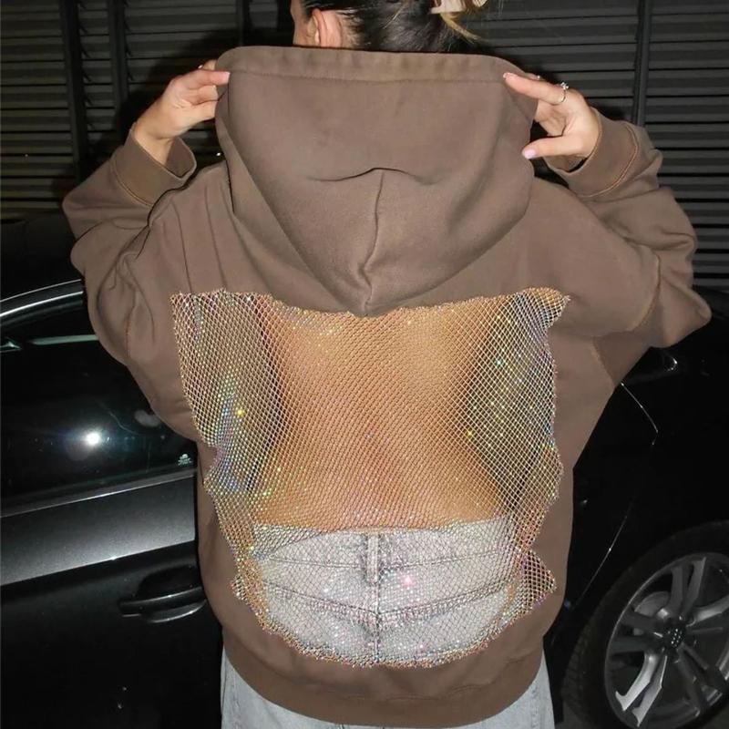 Hooded Harajuku Sweatshirt Women Autumn Trend Backless ShinyThrea Mesh Patchwork Casual Street Hipster Pulloverr