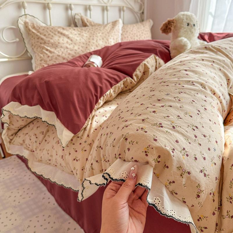 Spring/Summer Washed Cotton Lace 4-Piece Set - Retro French Princess Style for Student Dormitories