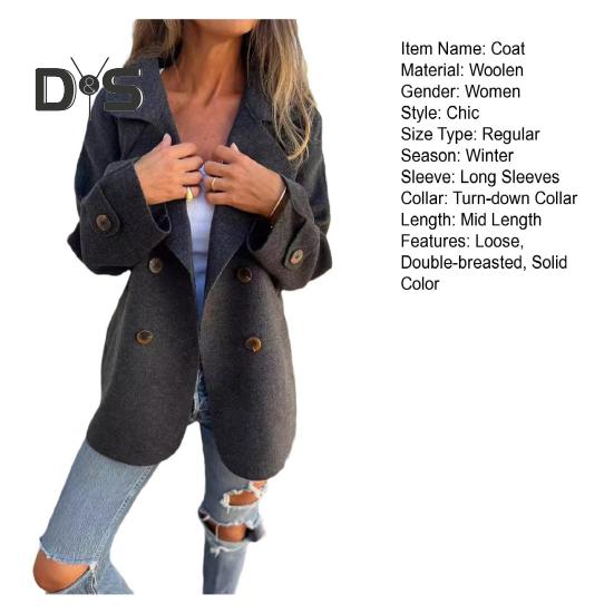 Sobretudo de inverno feminino, gola virada para baixo, cor sólida, dupla face, lã, trespassado, solto, casaco térmico, manga comprida, para deslocamento, namoro, primavera