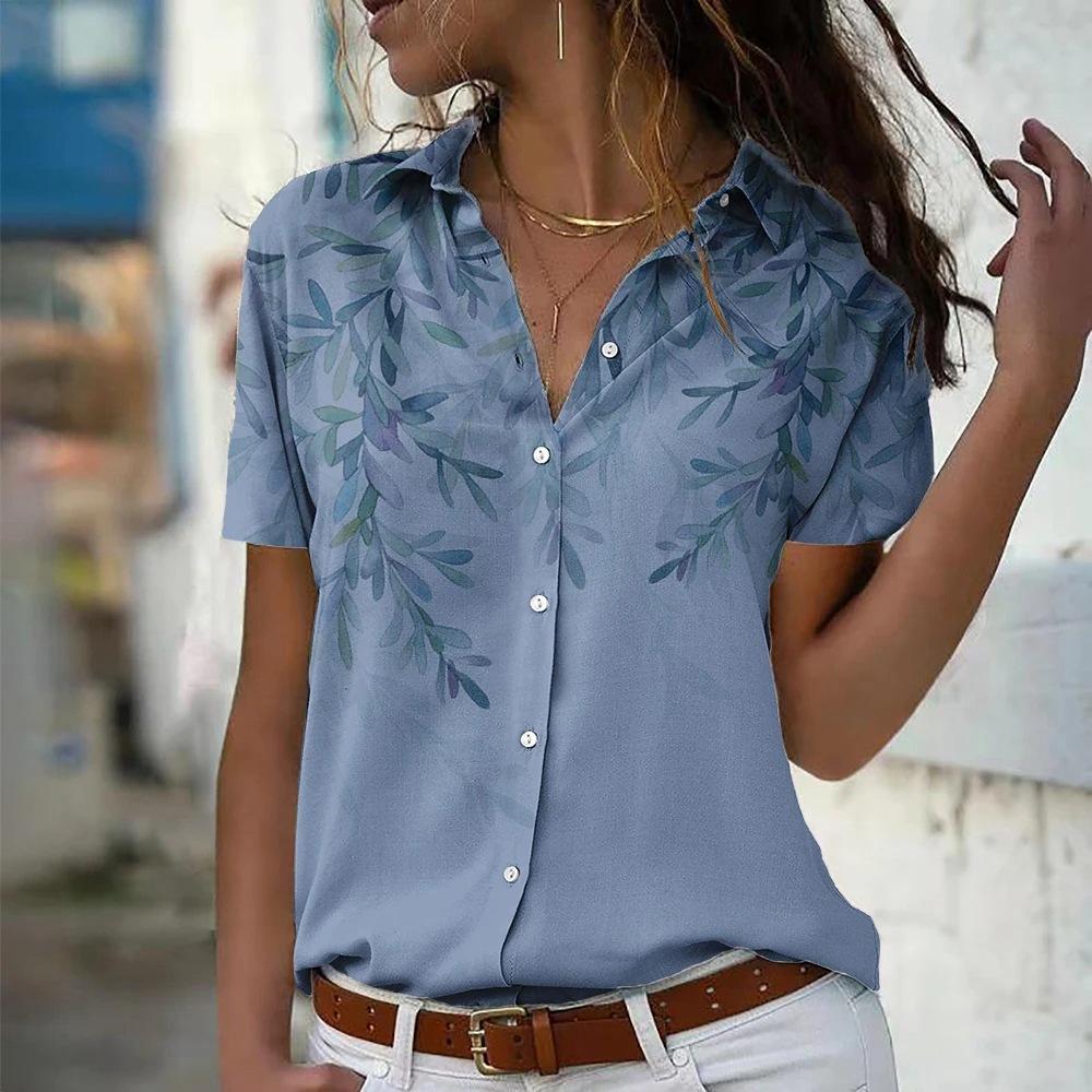 Leaves And Flowers Pattern Women Casual Shirts Summer Short Sleeve 3D Floral Print Street Ladies Blouse Plus Size Shirt