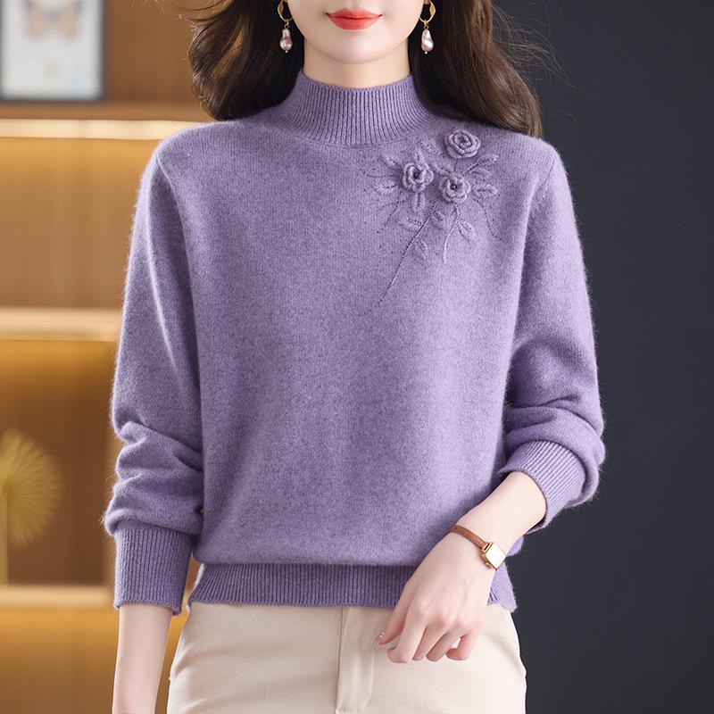 Women's Slimming Half-High Collar Wool Sweater - Thick Warm Winter Base Layer for Middle-Aged Women