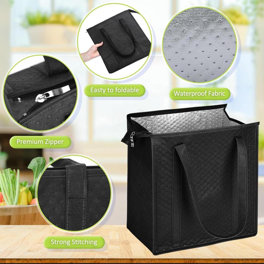 2Pcs Insulated Grocery Bags 30x18x33cm, Reusable Tote with Zipper Top, Thermal Shopping Cooler for Food Drink Travel Picnic