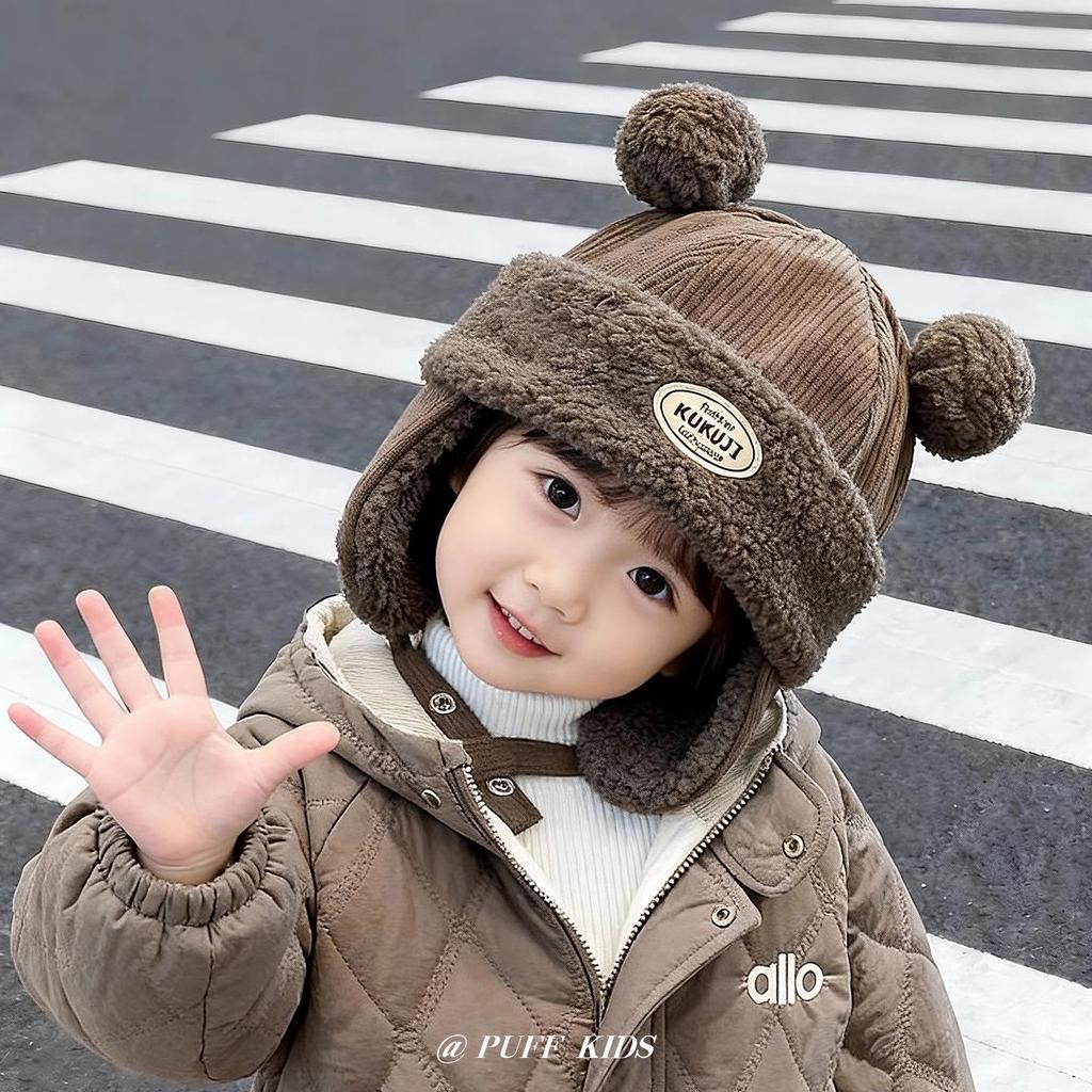 Children's Winter Hat with Fleece Lining, Windproof Corduroy Design, and Lambswool Ear Protection