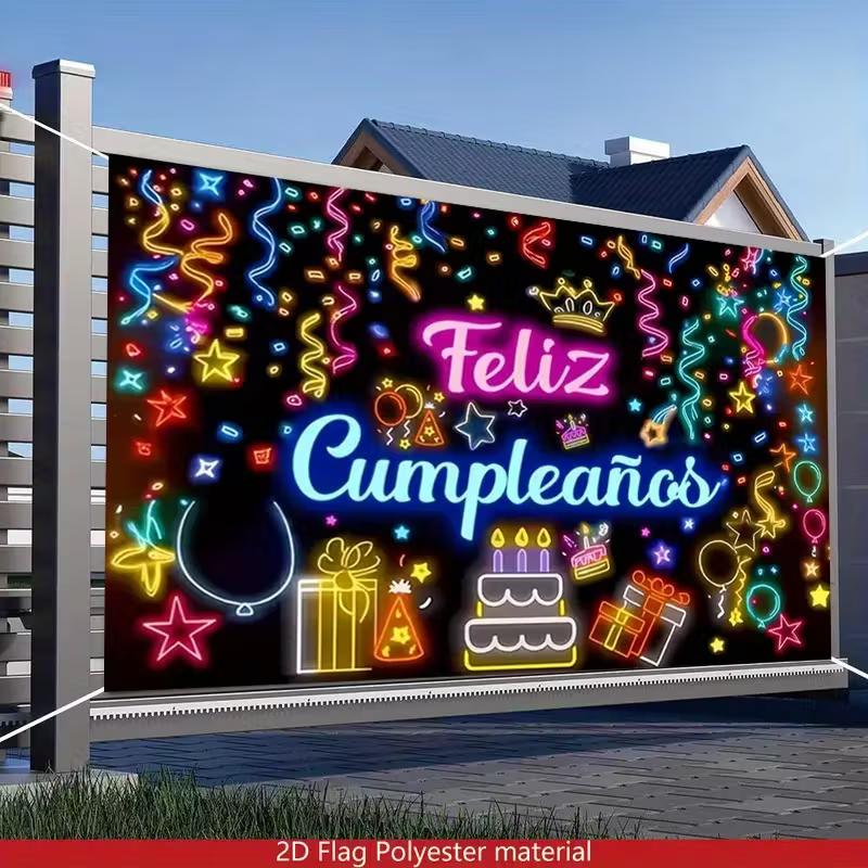 Striscione al Neon 2D Spagnolo Buon Compleanno Poliestere Sfondo per Festa