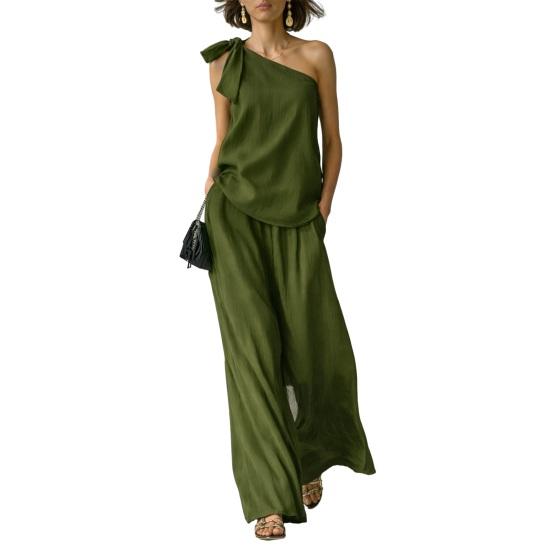 2-teilige Outfits für Damen Sommer One-Shoulder Ärmelloses Oberteil und Weitbeinige Hose Passendes Lounge-Set mit Taschen
