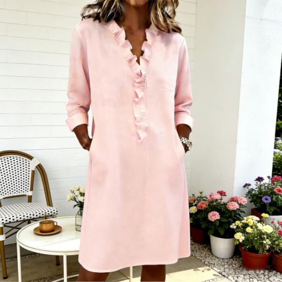 Sommerkleid für Damen Lässig Rüschenbesatz V-Ausschnitt A-Linie Midi-Kleid Langarm Urlaubs-Reise-Outfit mit Taschen