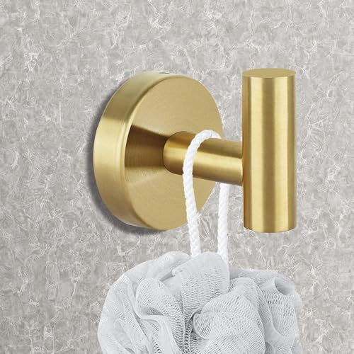 YUET 2 Bathroom Towel Hooks, Screw-in Metal Coat Hooks, Brushed Brass Robe Hooks, SUS 304 Stainless Steel Heavy Duty Door Hanger for Towels, Robes, Cl