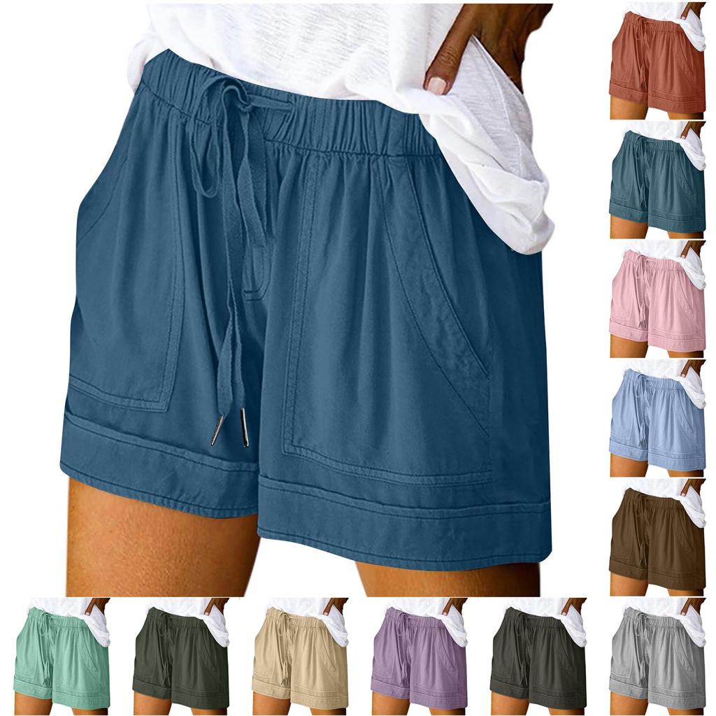 Women's Fashion Solid Color Drawstring Strap Pocket Casual Shorts