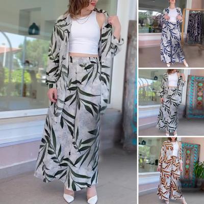 2 Pcs/Set Women Shirt Pants Set Turn-down Collar Single-breasted Leaf Print Long Sleeves