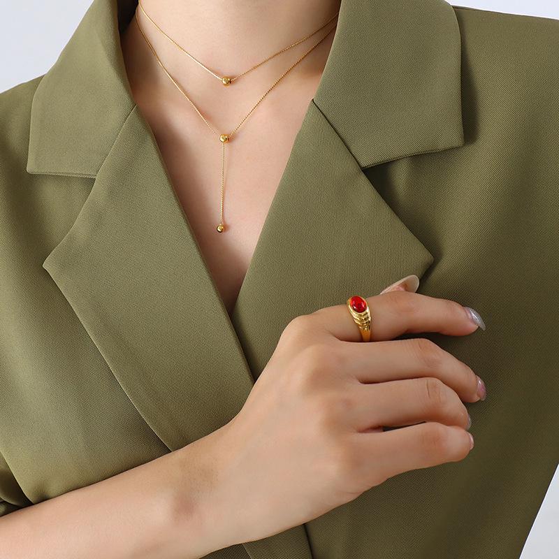 Minimalist Double Layer Beaded Necklace with Tassel - Women s Titanium Steel Clavicle Chain
