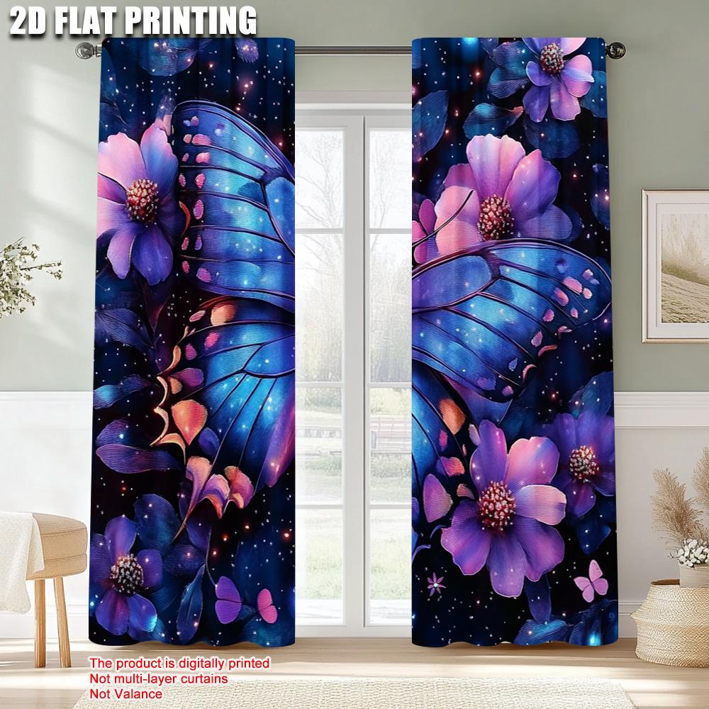 2pcs, Popular Curtains 2D print Purple Butterfly Polyester Easy Install (without rod) Gifts Use for Living Room, Office,