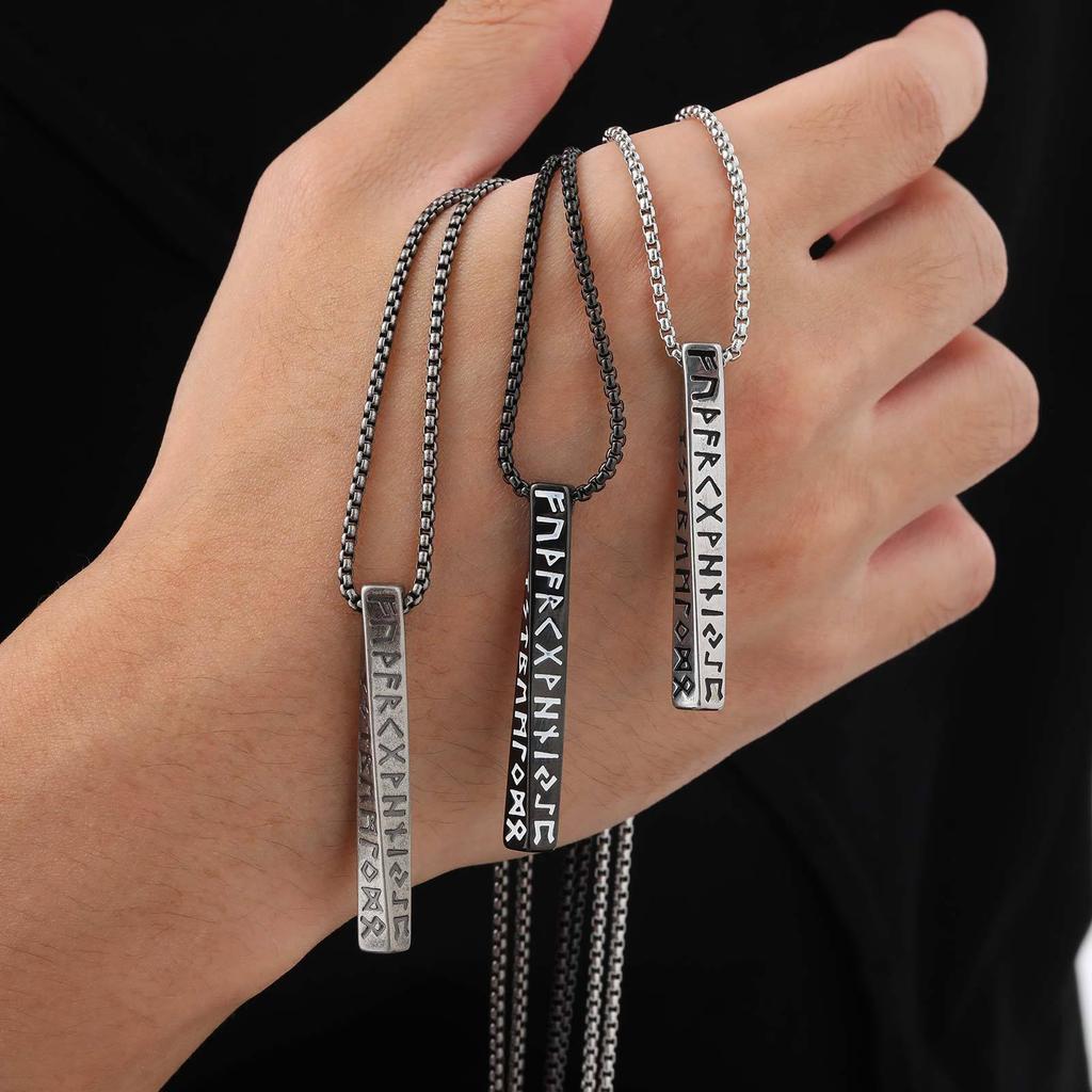 Vintage Nordic Viking Rune Pendant Necklace for Men Stainless Steel Twisted Bar Jewelry