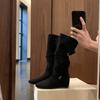 Height-increasing Shoes, Women's Buckle Pleated Long Boots, Slimming Mid-calf Boots, Women's Shoes