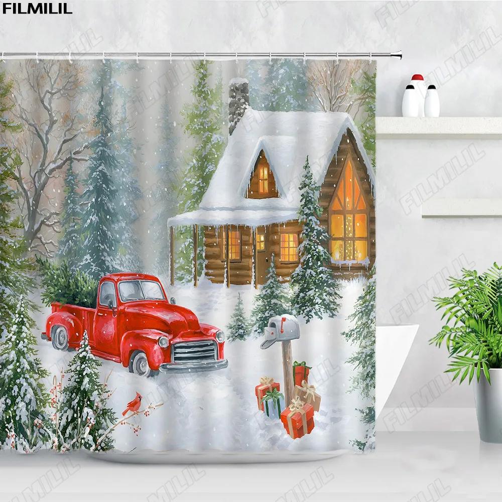 Retro olejomalba Vánoční sprchové závěsy Santa Claus Garland Xmas Tree Vintage krb Novoroční dekorace Sada koupelnových závěsů
