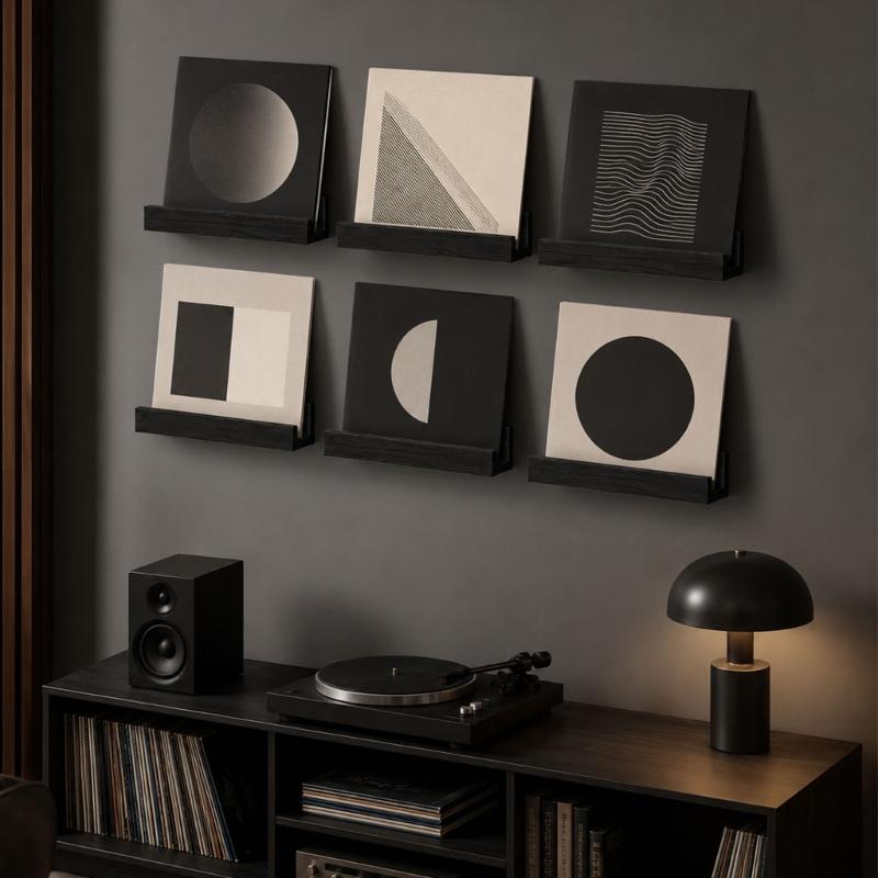 Record Collection Wall Display, 6pcs Separate Shelves with Ready Mounting Holes, Open-Front Access, and Installation Hardware