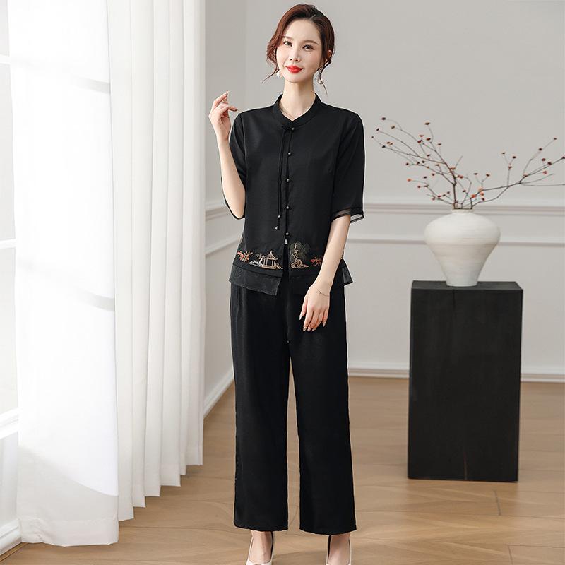 

Chic Summer Chiffon Suit: Chinese Style Two-Piece Set for Middle-Aged & Elderly Women - Short-Sleeve Top & Casual Outfit XL [80-95 lbs]