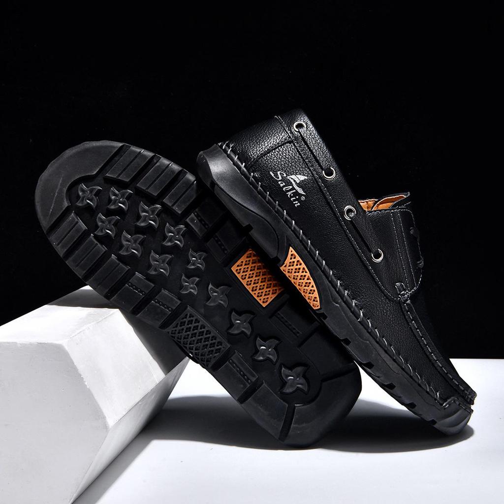2026 Plus Size Men's Leather Casual Loafers - Hand-Stitched Low-Top Shoes for Spring