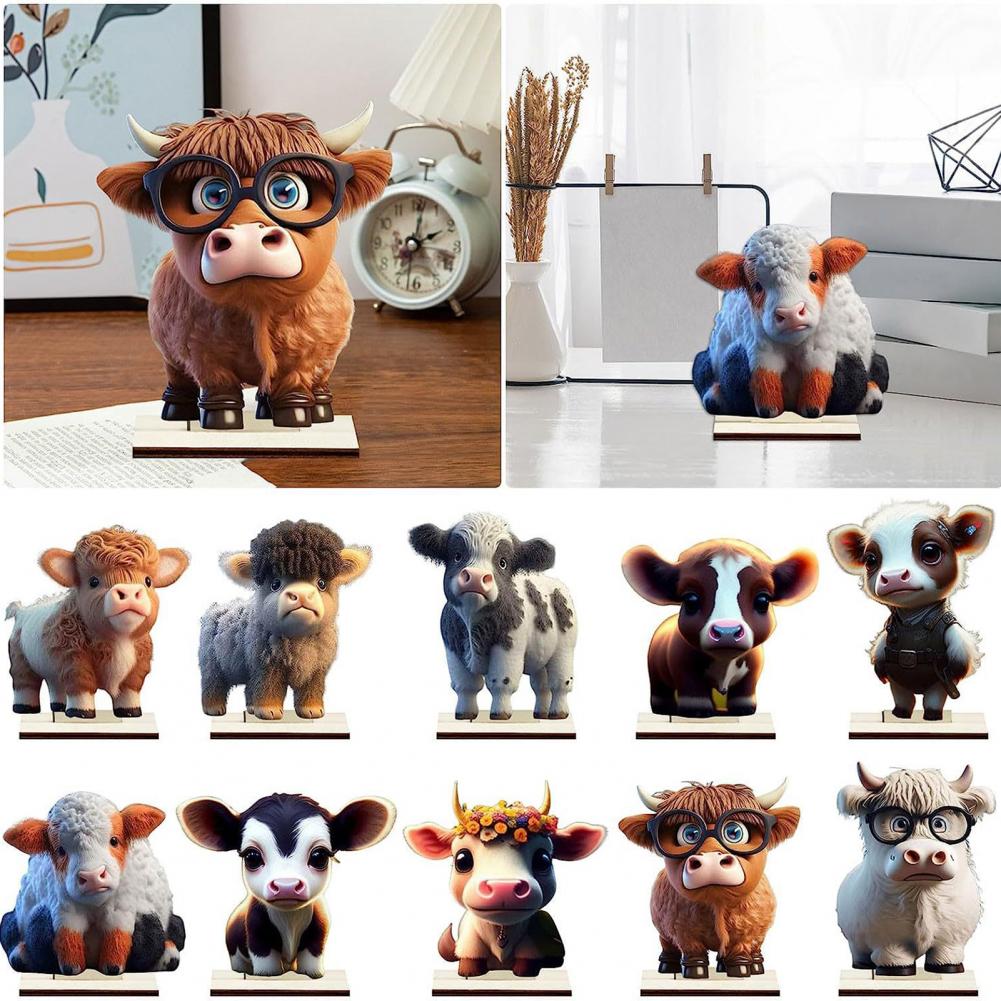 Christmas Ornament Holiday Decoration Ornament Adorable Cartoon Highland Cow Wooden Home Table Ornament with Fine Workmanship