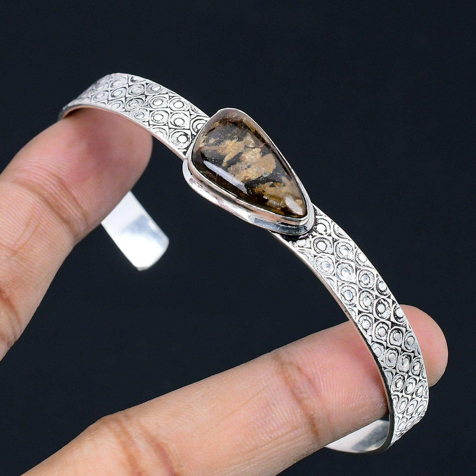 

Womens day Deal Trillion Bronzite Gemstone Wife Handcrafted Bangle 925 Silver Adjustable