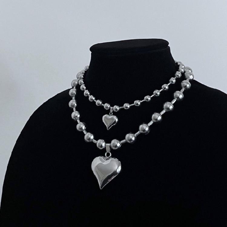 Korean Round Bead Chain Silver Love-shape Pendant Necklace Ins Clavicle Chain