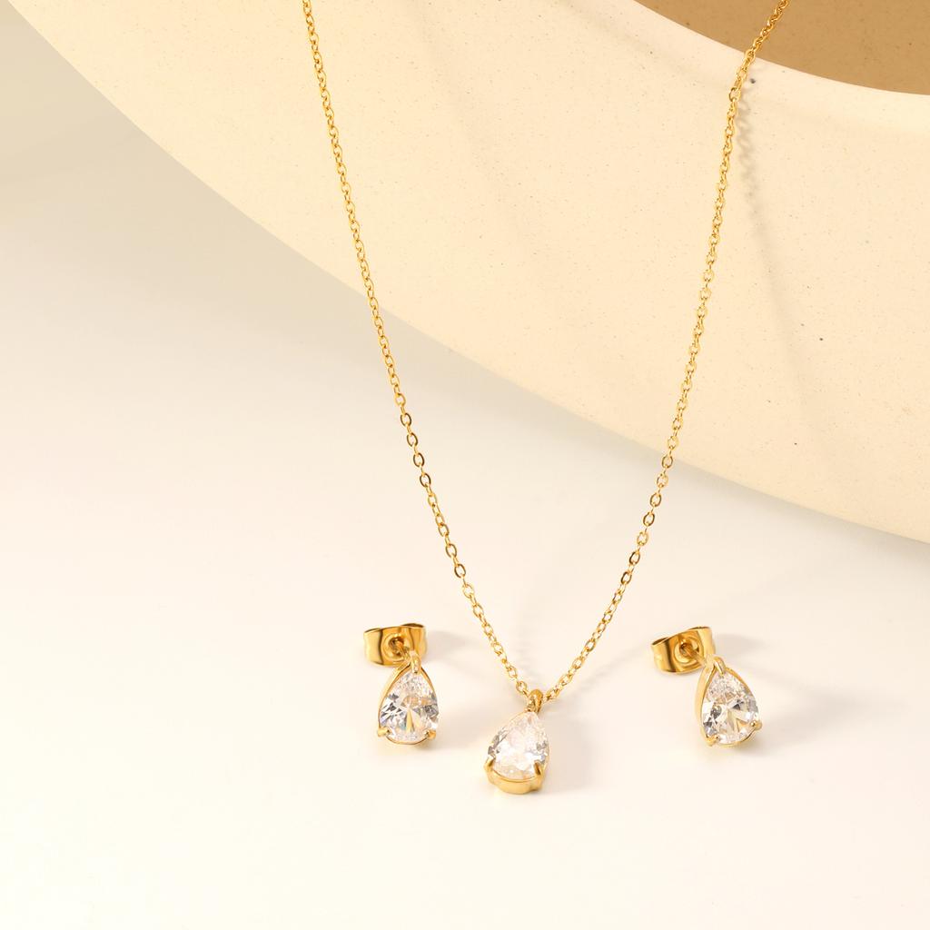 Square White Zircon Earrings And Necklace Set Classic Versatile Women's Jewelry Fade Resistant