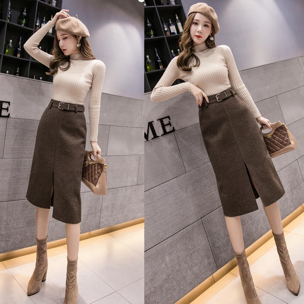 FYBownot Slim Wool Skirt with Slit and Belt for Perfect for and Business Suits Women's Knee-Length Fall/Winter, Office, Commuting,