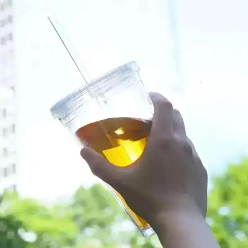 Drinking Acrylic 16oz Wall Tumblers Clear Double Plastic Juice Cup With Lid And Straw Coffee Mug Diy Transparent Mugs YLE026