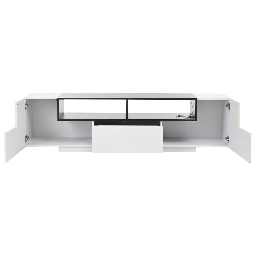 Freistehender TV-Schrank mit LED-Beleuchtung, L-Form und Schubladen, Hochglanz Weiß, Geeignet für 75-Zoll-Fernseher, Weiß+Schwarz, 180*40*48cm