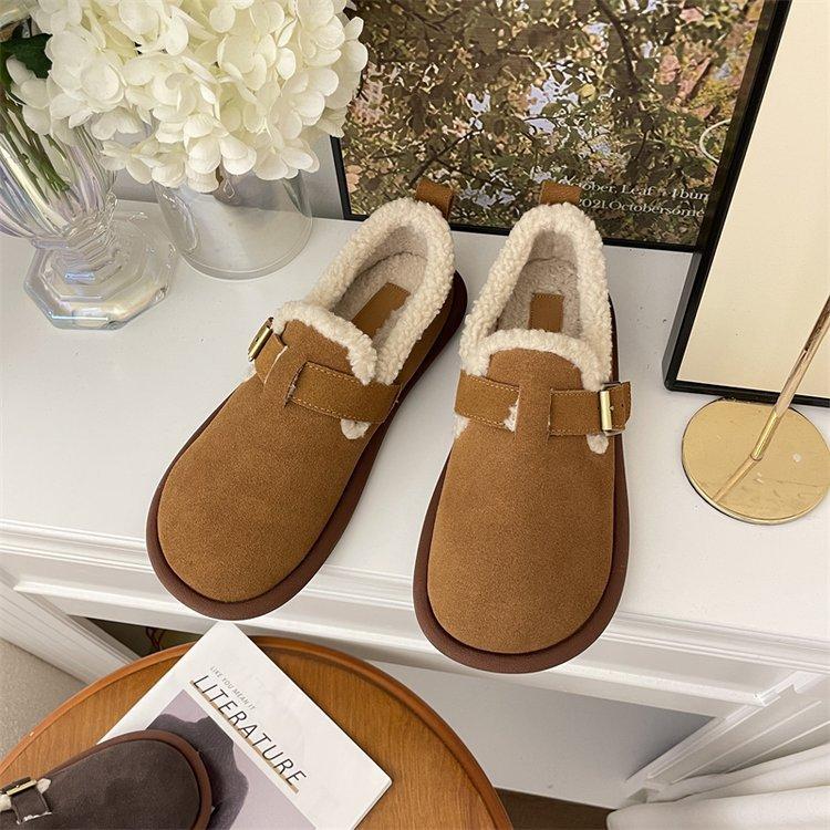 Korean Version 2025 Winter Velvet Warm Snow Cotton Shoes Round Head Thick Sole Shallow Mouth One Pedal Lazy Loafer Cotton Shoes