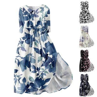 Women's Fashion Casual Printed Lapel Collar Button 3/4 Sleeve Clothing Straps Dress