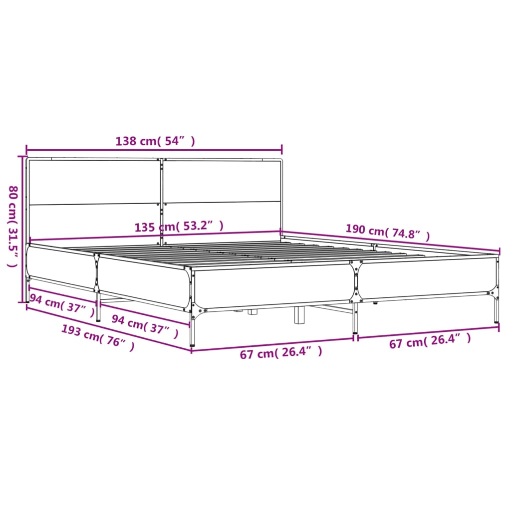 Brown Oak Effect Bed Frame 135 x 190 cm Wood Based Panel & Metal