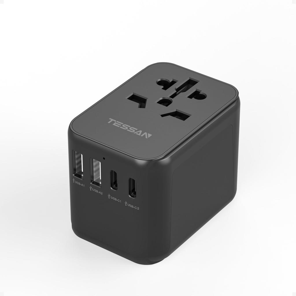 TESSAN International Adapter Worldwide Type 2 2 Convenient Travel Black Plug, Compatible, C/BF/O/A Converter, Multi-Outlet, USB-A Ports, USB-C Ports,