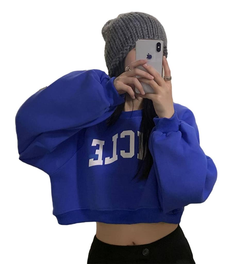 Ptor Short Sleeve Long Loose Korean Fashionable Pullover Perfect for and Winter Women's Sweatshirt, Midriff-Baring, Sleeve, Fit, Style, Top, Dance,