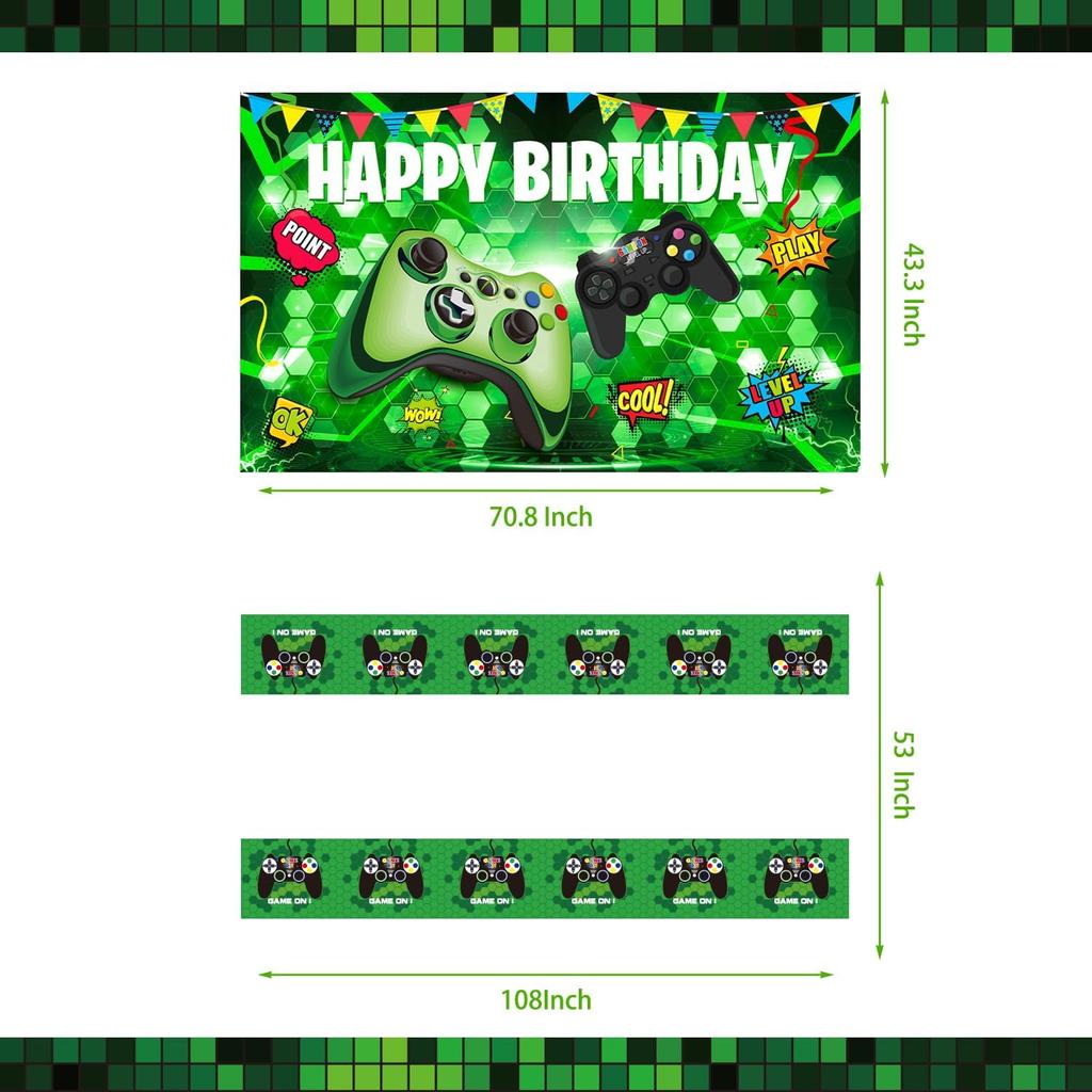 Green Gamer Birthday Party Decoration - 217Pcs Video Game Gaming Party Supplies For Boys Birthday Party - Backdrop, Table Cover, Plates, Cups,