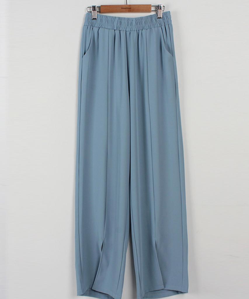 Ppaeppae Elastic Waist Slip Line Front Slit Stretch Long Straight Pants