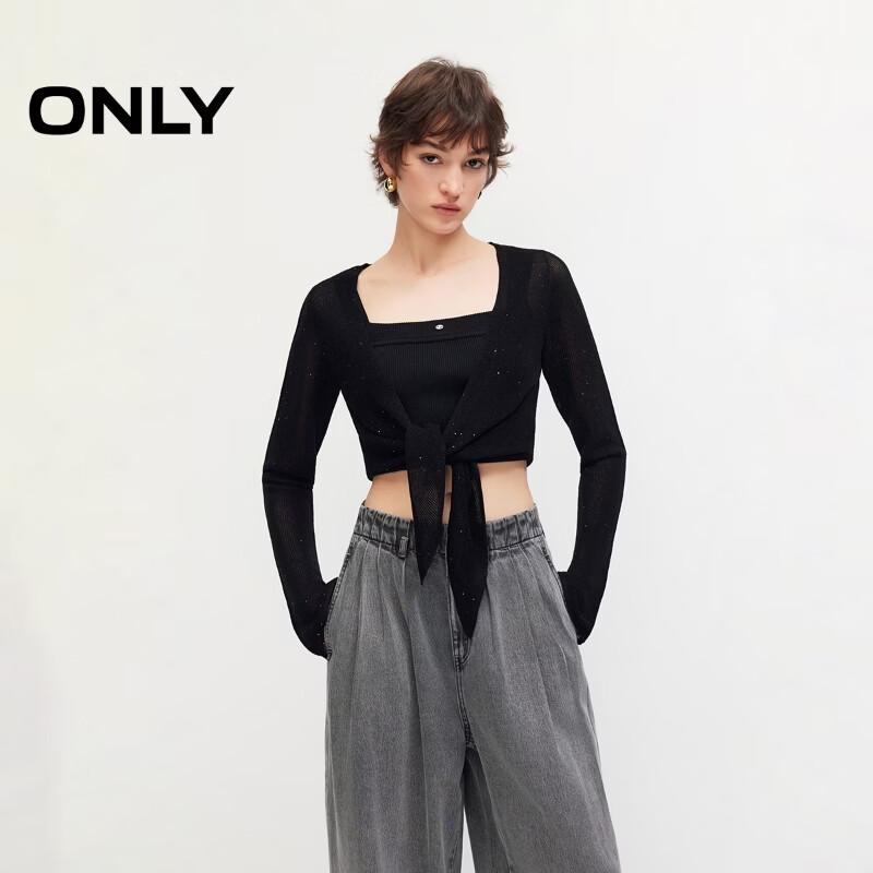 ONLY Women s Flared Sleeve Tie V-Neck Shimmer Knit Top M