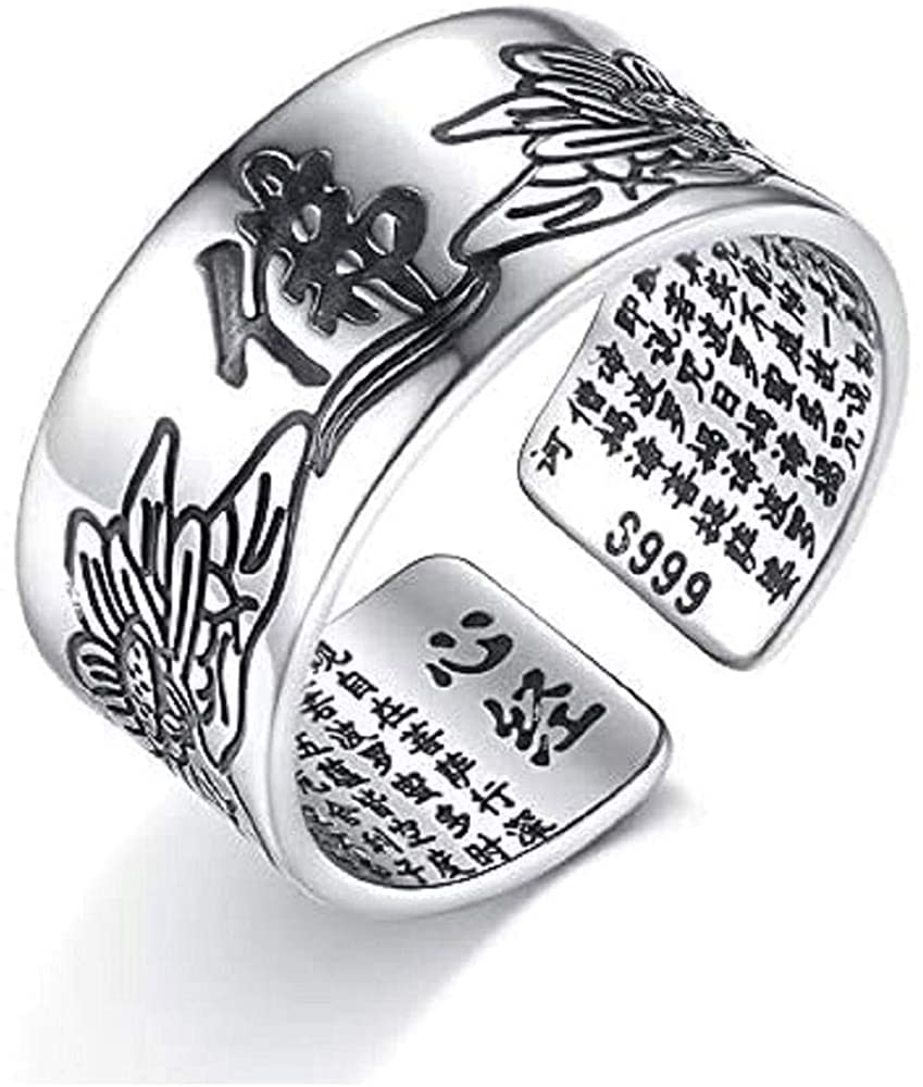 Rockyu One Size Fits All Silver Ring with Heart Sutra 10mm Lotus Flower Buddhist Amulet Antique Style Accessory for Protection from Evil and Good